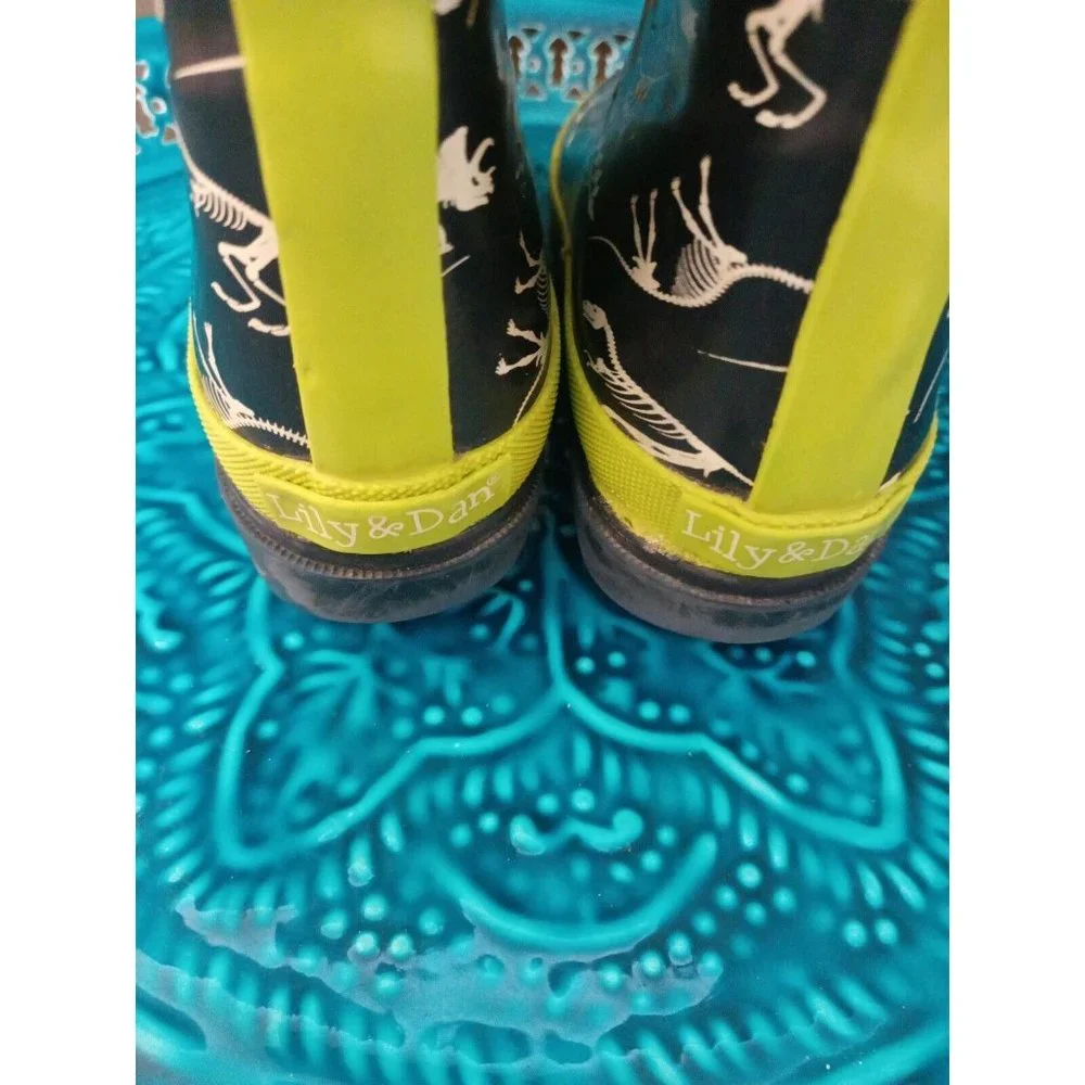 Boys Lily & Dan Skeleton Dinosaur Print Water Boots Blue/Green Size 9/10